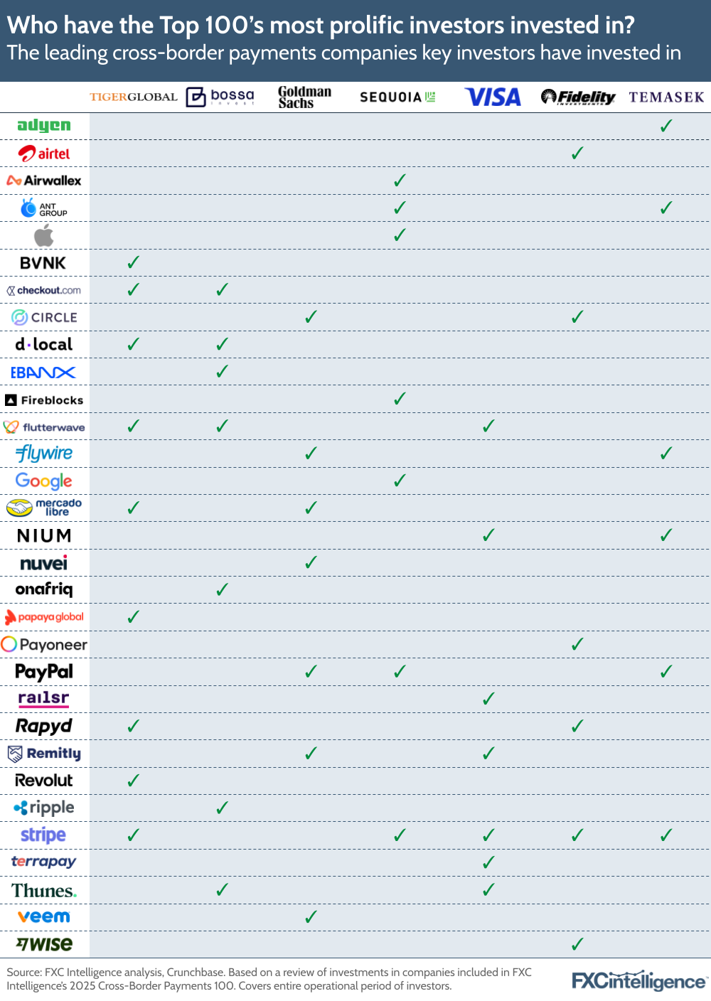A graphic showing the leading cross-border payments companies that key investors have invested in