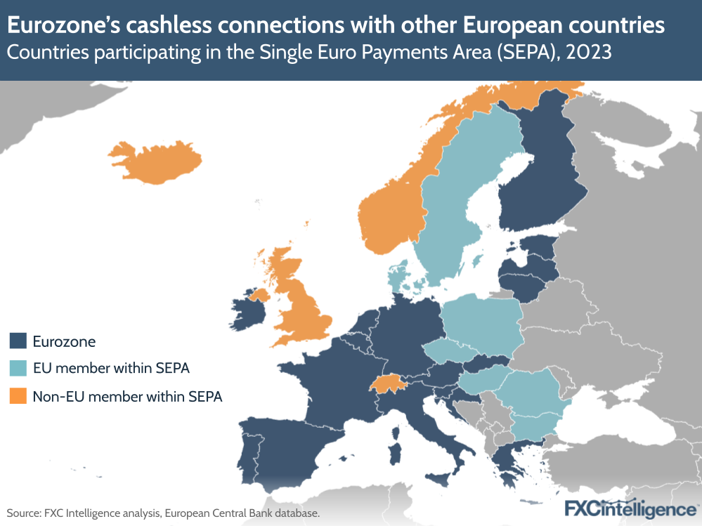 A graphic showing countries participating in the Single Euro Payments Area (SEPA), 2023