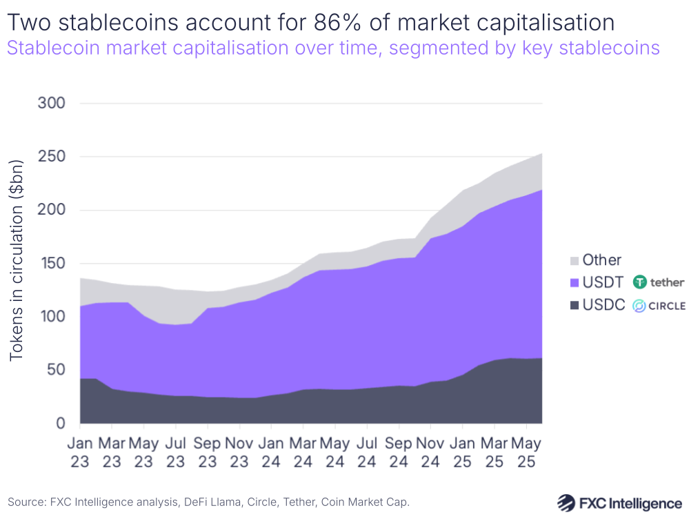 A graphic showing stablecoin market capitalisation over time, January 2023 to June 2025, segmented by key stablecoins (USDC, USDT and Other)