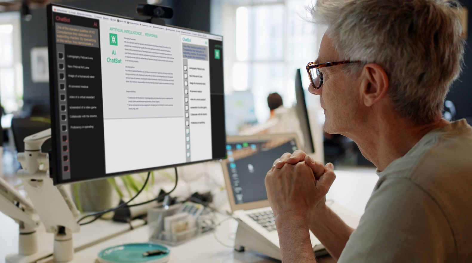 A photo of an older man looking at a computer monitor on which there is a generative AI chatbot prompt window