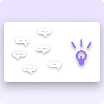 An image showing a purple lightbulb alongside various speech bubbles