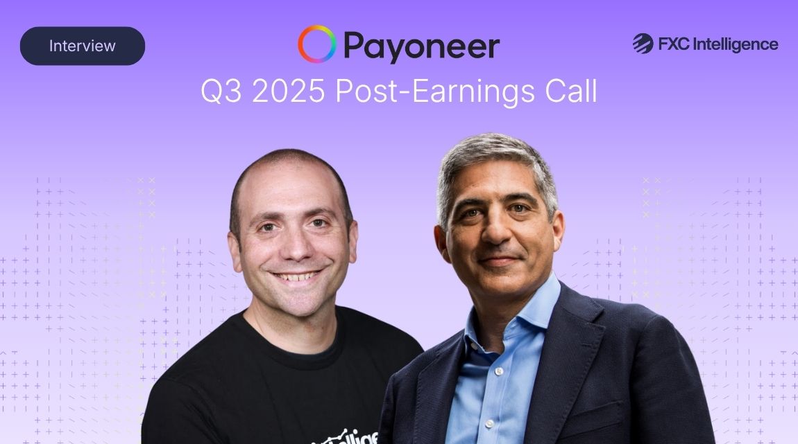 An image of Daniel Webber, CEO at FXC Intelligence (left) and John Caplan, CEO at Payoneer (right), with Payoneer's logo above the pair and the text 'Q3 2025'. FXC Intelligence's logo is in the top right and in the top left is a dark oval with the text 'Interview' on it