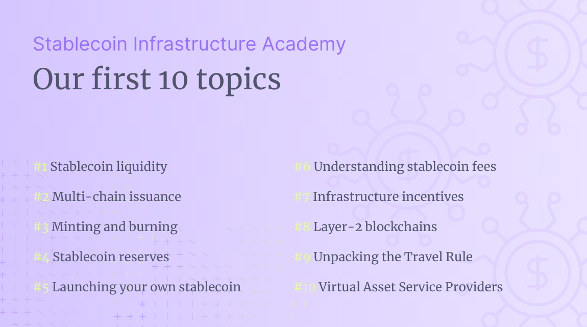 A graphic with a faded purple background, on the right side of which is a visualisation of three stablecoins. In the bottom left corner there is a pattern of crosses and various angled lines. Overlaid is the following text Stablecoin Infrastructure Academy
Our first 10 topics

#1 Stablecoin liquidity
#2 Multi-chain issuance
#3 Minting and burning
#4 Stablecoin reserves
#5 Launching your own stablecoin
#6 Understanding stablecoin fees
#7 Infrastructure incentives
#8 Layer-2 blockchains
#9 Unpacking the Travel Rule
#10 Virtual Asset Service Providers