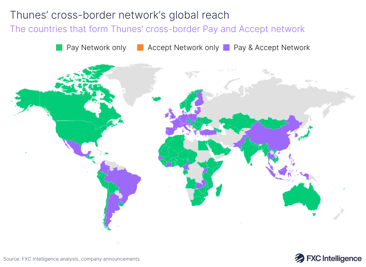 A map graphic showing the countries that form Thunes' cross-border Pay and Accept network