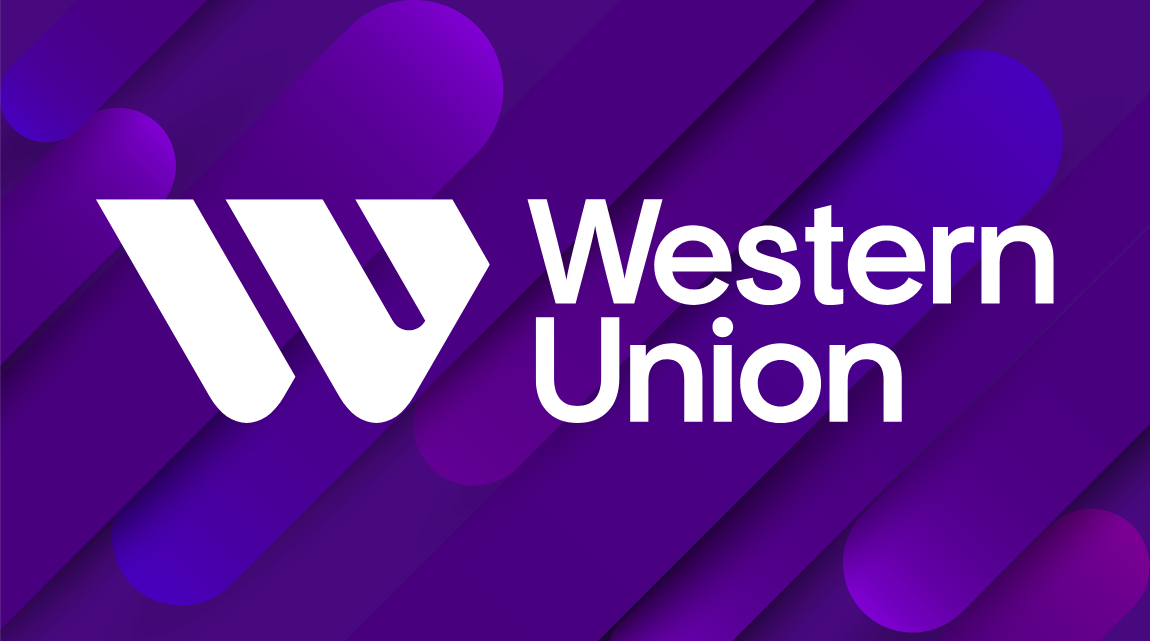 An image of purple diagonal bars with rounded tops, with the Western Union logo overlaid