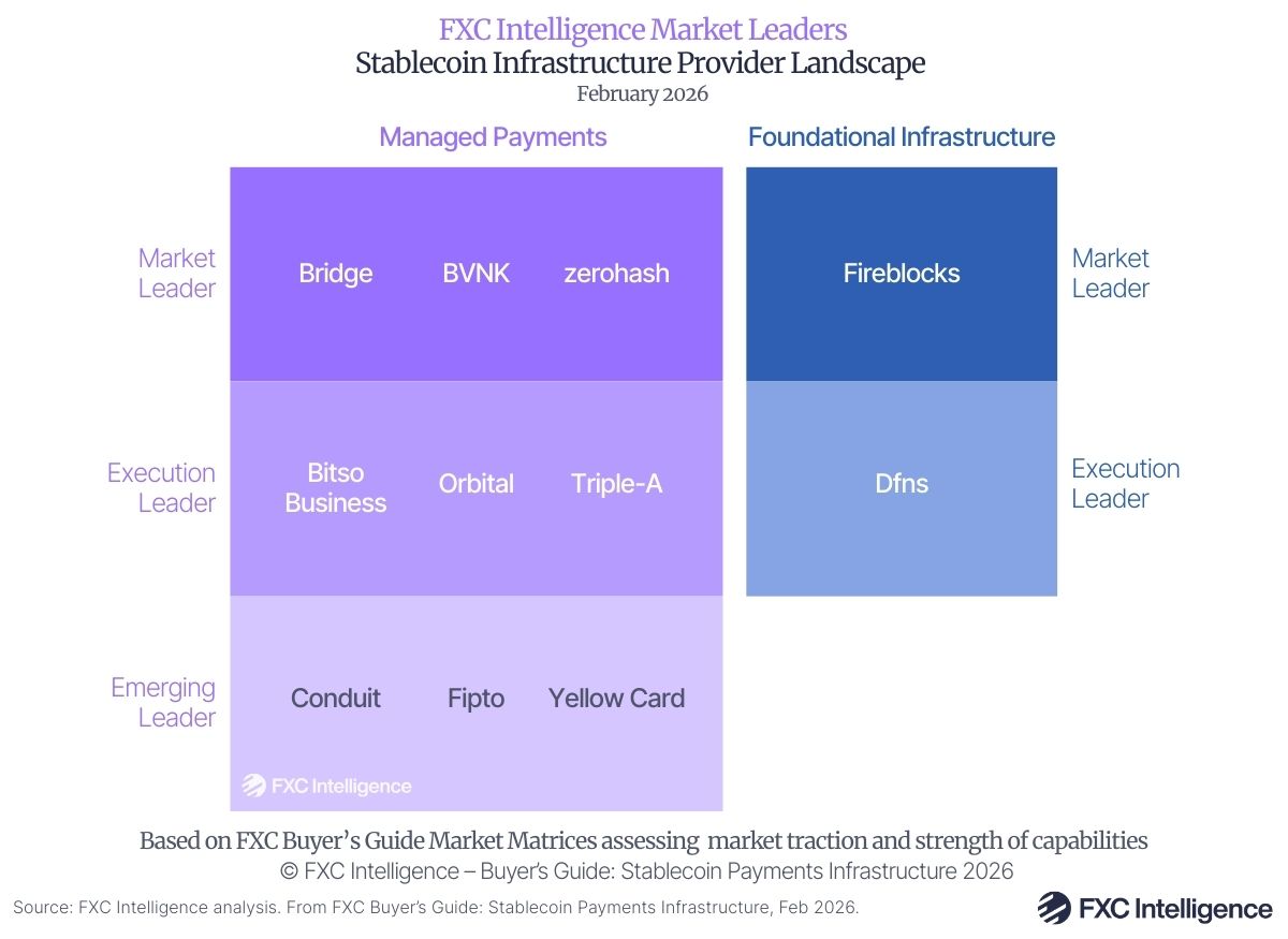 A matrix showing stablecoin infrastructure providers split vertically by managed payments and foundational infrastructure and horizontally by whether they are categorised as a market leader, execution leader or emerging leader