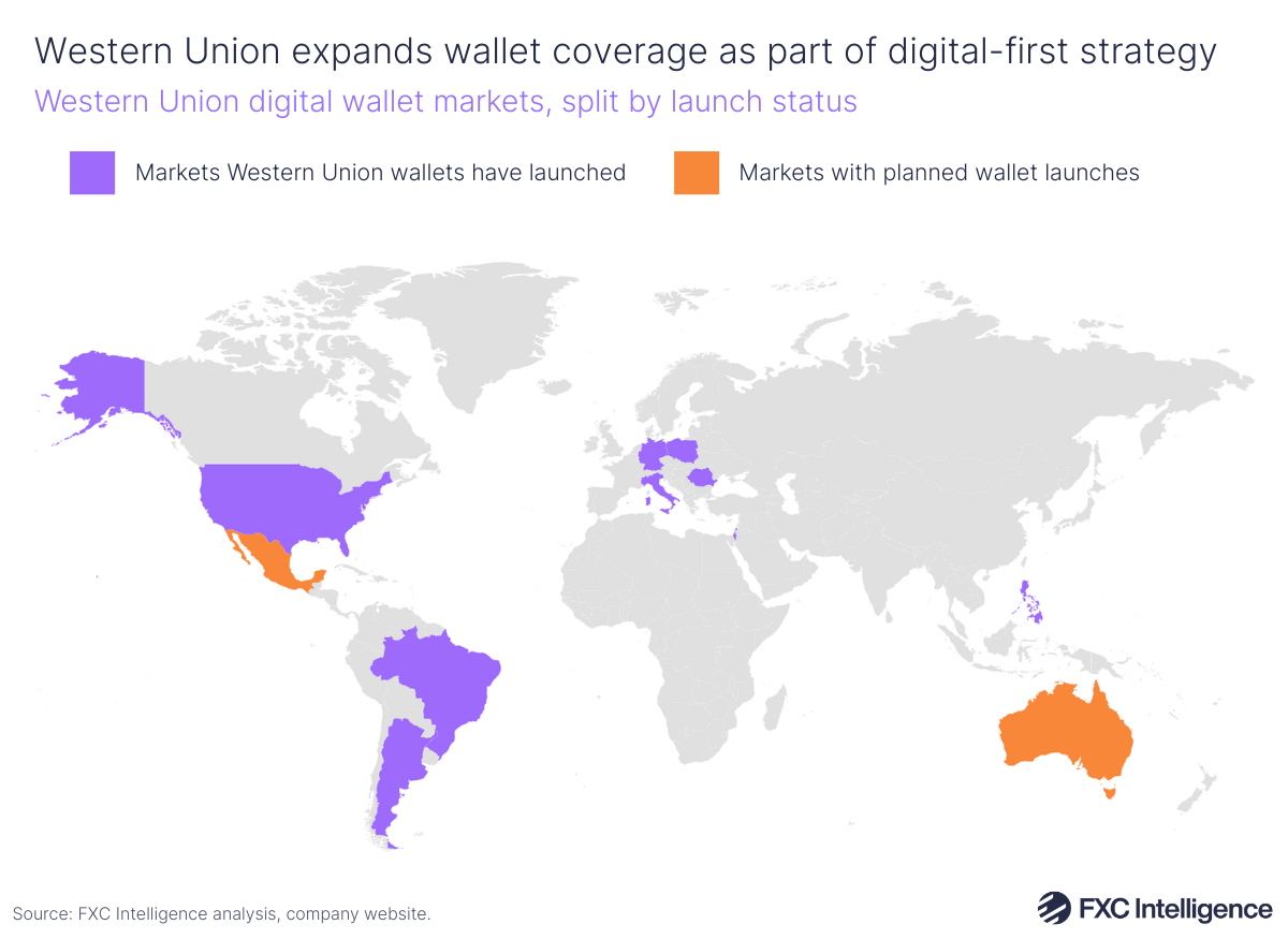 A map graphic showing Western Union's digital wallet markets, split by launch status (markets where Western Union wallets have launched in purple and markets with planned wallet launches in orange)
