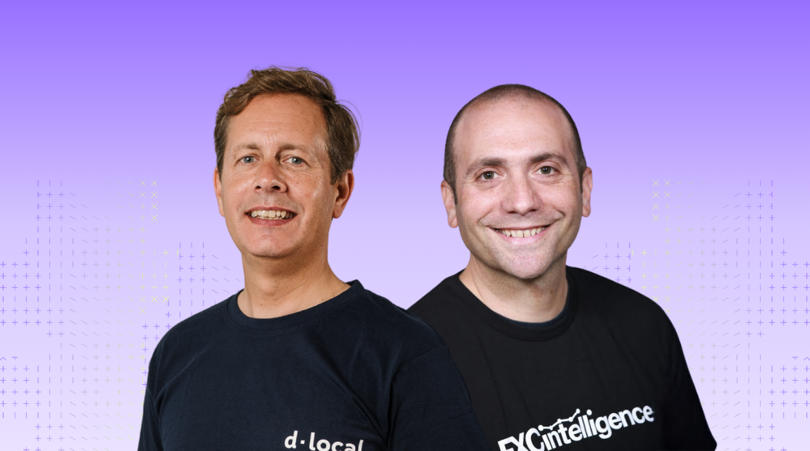 A purple graphic with headshots of Guillermo Lopez Perez, CFO, dLocal (left) and Daniel Webber, CEO at FXC Intelligence (right)