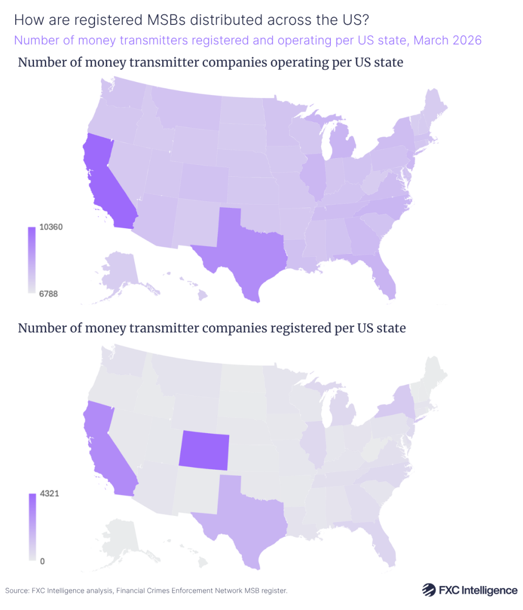 A two map graphic showing the number of money transmitters registered and operating per US state, March 2026, with the states with the lowest numbers in grey and those with the highest numbers in dark purple