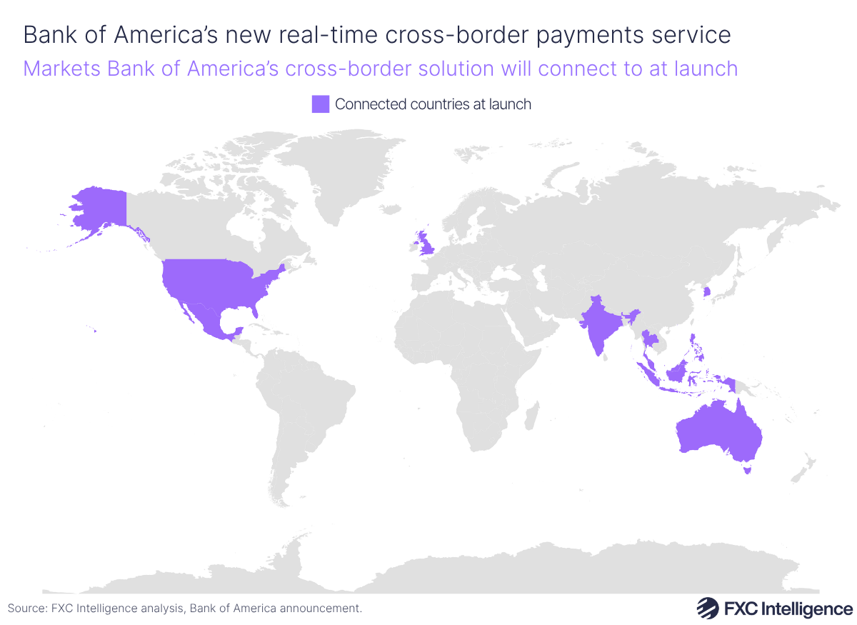 A map graphic showing markets that Bank of America's cross-border solution will connect to at launch in purple