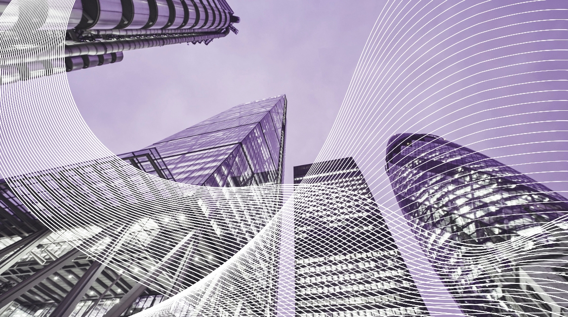 An abstract image of banking buildings, surrounded by digital lines, used to represent increased use of AI