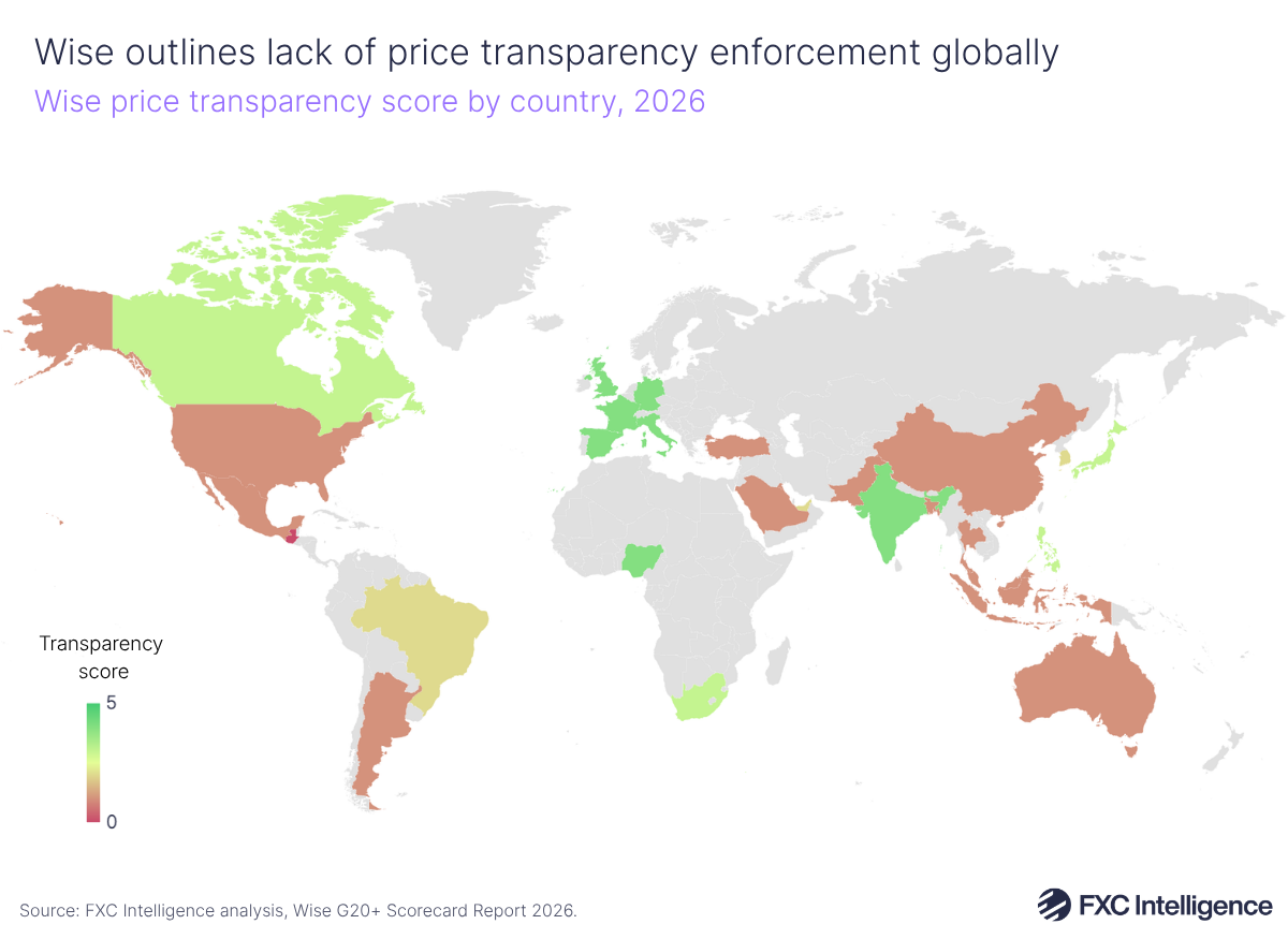 A map graphic showing the world with nations assessed in Wise's Cross-Border Payments Scorecard for 2026 coloured according to their price transparency score