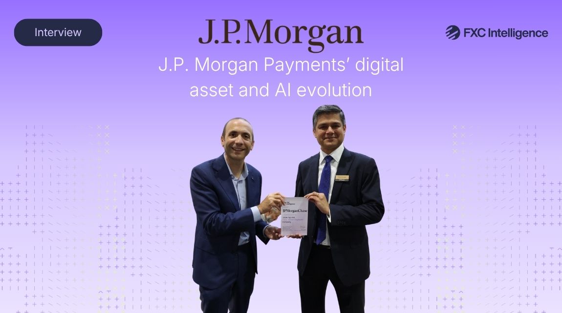The featured image for the FXC Intelligence article J.P. Morgan Payments evolution: Rakesh Purohit talks partnerships, digital assets and AI. The image has a gradient purple background. In the top left is a curved edge rectangle with the word Interview, in the top right is the FXC Intelligence logo. In the centre is a photo of Daniel Webber, CEO, FXC Intelligence (left) with Rakesh Purohit, Global Product Head - Cross Currency Payments and Solutions, J.P. Morgan Payments (right) at Sibos 2026.
