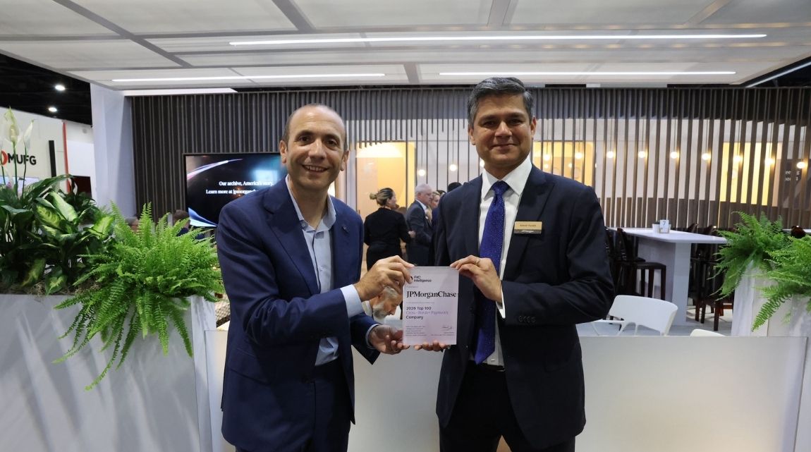 A photo of Daniel Webber, CEO, FXC Intelligence (left) with Rakesh Purohit, Global Product Head - Cross Currency Payments and Solutions, J.P. Morgan Payments (right) at Sibos 2026