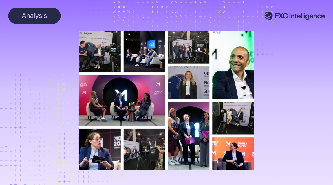 The featured image for the FXC Intelligence article Highlights and key takeaways from Money20/20 USA 2026. The image has a gradient purple background. In the top left is a curved edge rectangle with the word Analysis, in the top right is the FXC Intelligence logo. In the centre is a collage of photos from the Money20/20 US 2026 event.