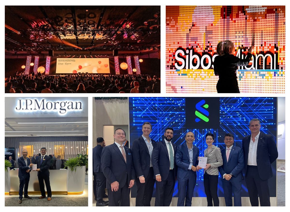 A collage of photos from the 2026 Sibos conference in Miami, including of FXC Intelligence CEO Daniel Webber meeting with members of JP Morgan and Standard Chartered