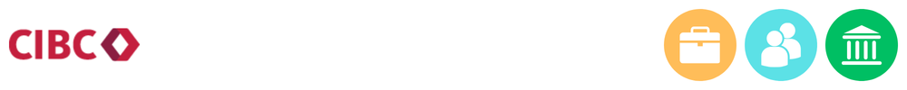 The logo of CIBC with icons showing its role in consumer-to-consumer payments, business payments, banking