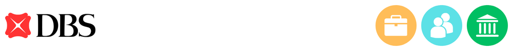 The logo of DBS with icons showing its role in consumer-to-consumer payments, business payments, banking