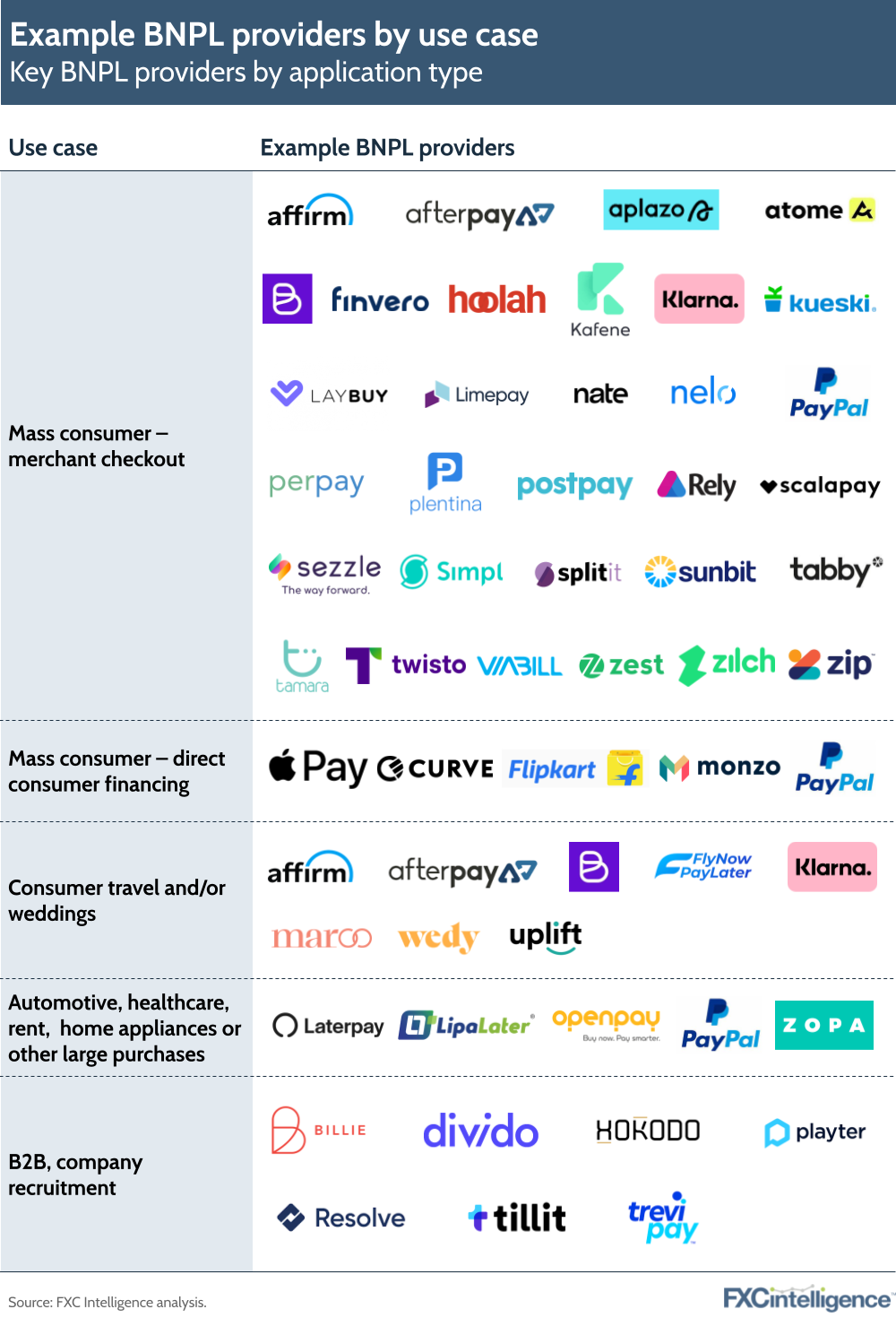 Example BNPL providers by use case: Key BNPL providers by application type
