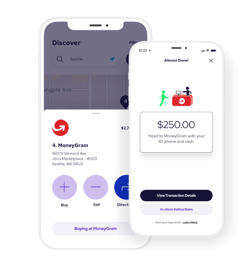 A screenshot of MoneyGram's service through Coinme