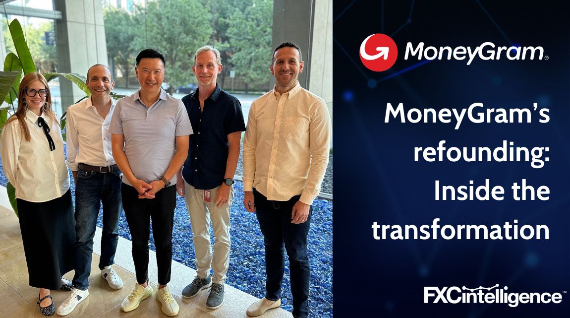 The cover image for 'MoneyGram’s refounding: Inside the transformation into a digital-first fintech' showing FXC Intelligence CEO Daniel Webber (second left) with MoneyGram CMO Lamia Pardo (left), CEO Anthony Soohoo (middle), CPTO Luke Tuttle (second right) and EVP and GM, MoneyGram Online, Josh Gordon-Blake (right)