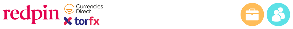 The logo of Redpin (Currencies Direct / TorFX) with icons showing its role in consumer-to-consumer payments, business payments