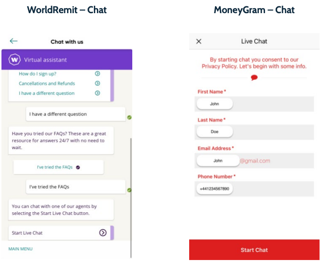 WorldRemit and MoneyGram's live chat functionality