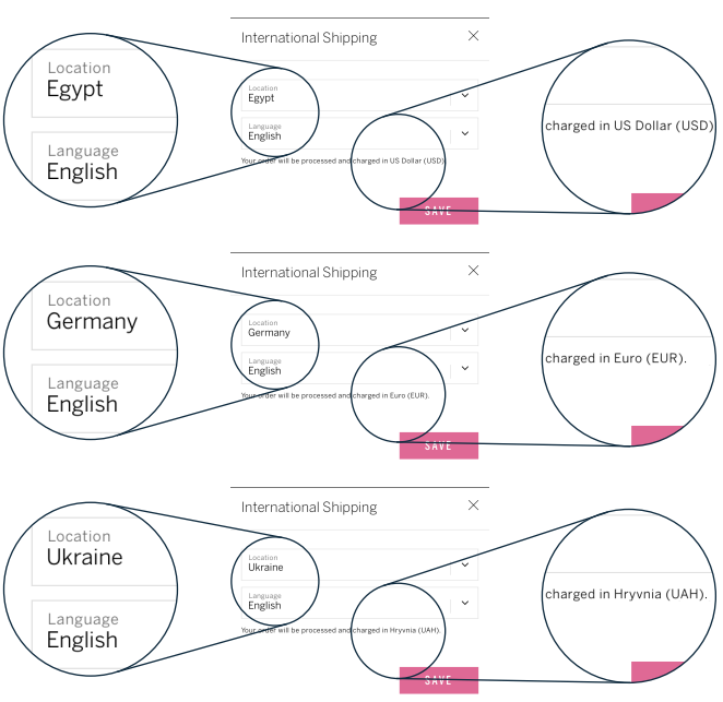 Victoria's Secret international shipping currencies