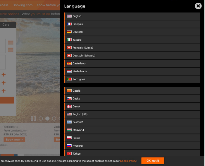 Easyjet language and region choice