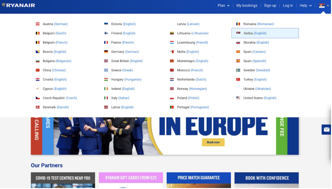 Ryanair country selection