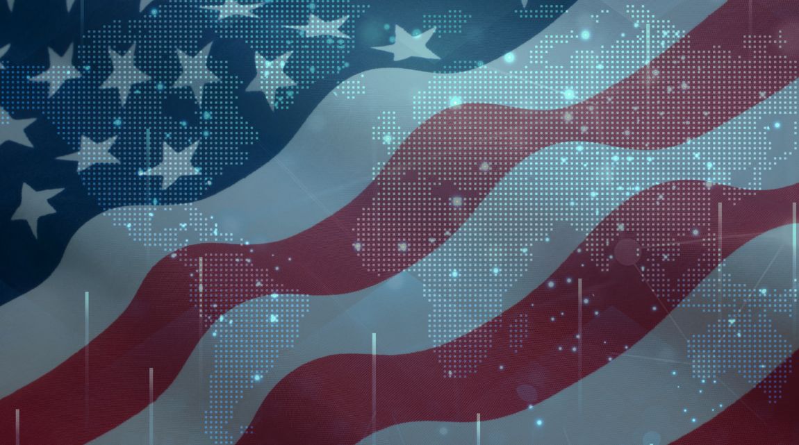 A depiction of the US flag over a digital representation of global trade, representing the tariffs