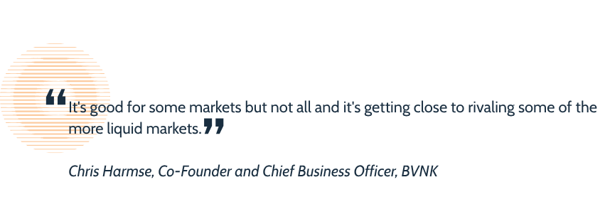 A pullquote graphic with a quote from Chris Harmse, Co-Founder and Chief Business Officer, BVNK reading “It's good for some markets but not all and it's getting close to rivaling some of the more liquid markets.”